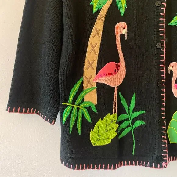 The Quacker Factory Black Knit Flamingo Sequin Tropical Cardigan Sweater 2XL - Picture 4 of 9